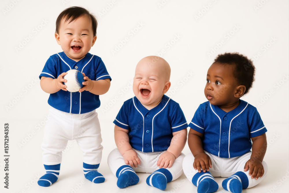 © OlenaSpark - Three diverse toddlers in matching blue-and-white baseball uniforms sitting and smiling. One toddler holds a baseball. Concept of childhood sports, fun, and early education.