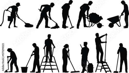 Worker silhouette set with cleaning, sweeping, lifting, maintenance actions, male and female laborers, black vector illustration, construction and janitorial pose