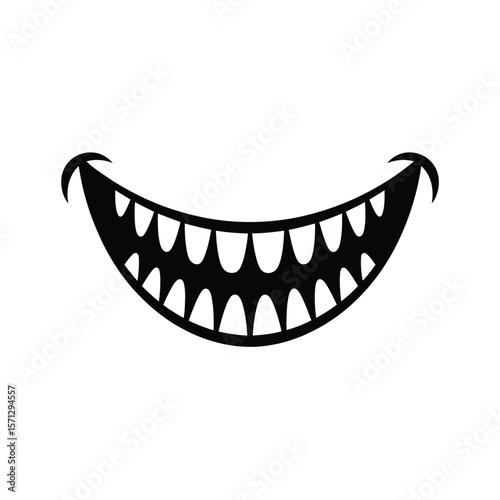 Black and white illustration of a wide sharp toothed grin on a white background