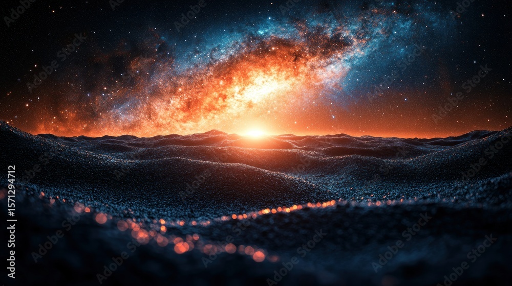 Fototapeta premium Cosmic landscape with vibrant sunrise over a textured alien planet