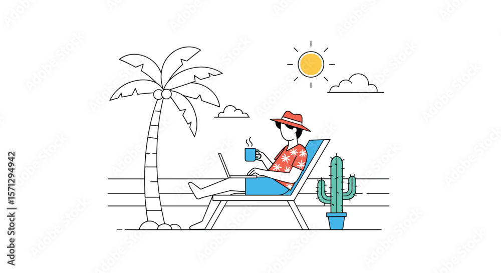 Obraz premium Man relaxing on beach chair with laptop and drink under palm tree