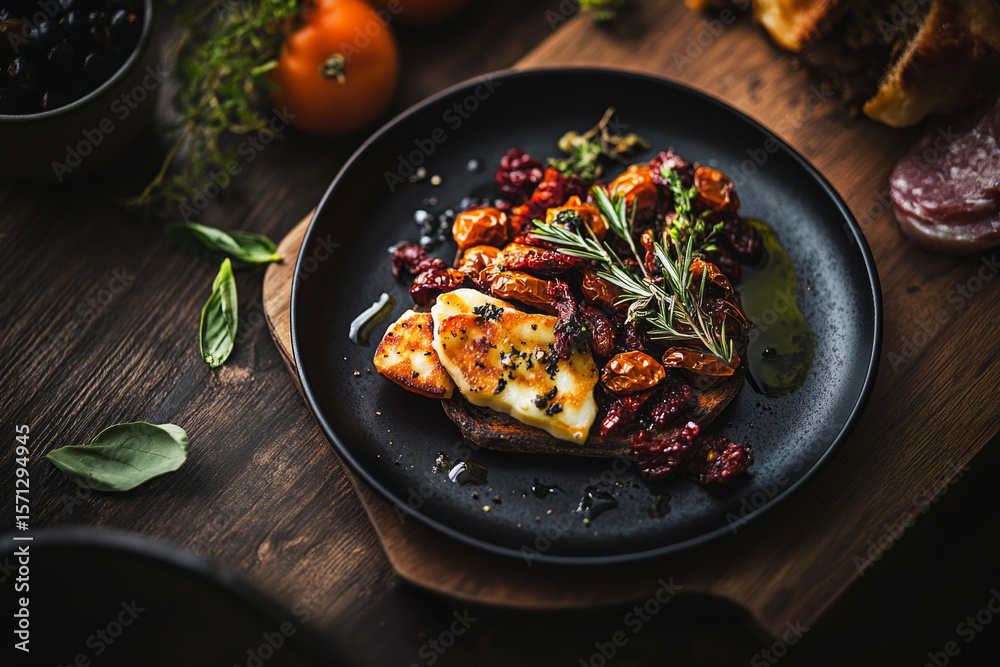 Grilled halloumi cheese is layered on toasted bread, topped with sundried tomatoes and fresh herbs, creating a vibrant and appetizing dish perfect for brunch or a light lunch Grilled halloumi cheese is layered on toasted bread, topped with sundried tomatoes and fresh herbs, creating a vibrant and appetizing dish perfect for brunch or a light lunch