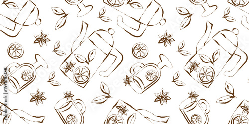 sketch style hot spiced drink repeatable background with teapot cup citrus and spice for restaurant branding and web design