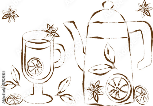 rustic mulled wine doodle vector teapot wineglass citrus spices for cozy autumn and winter web projects