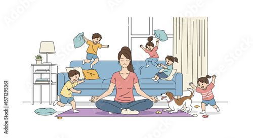 Mother attempts meditation amidst chaotic family and pet antics in living room