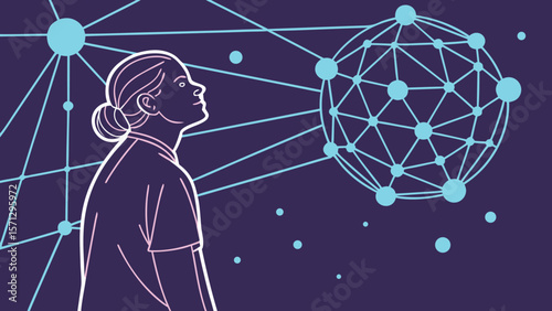 Woman looking at a network of interconnected nodes and lines on a dark purple background art