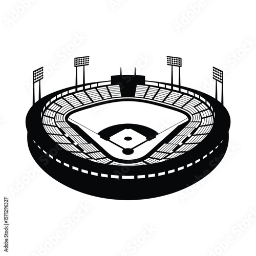 Black and white silhouette of a baseball stadium with floodlights and stadium seating
