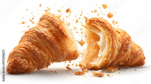 Freshly baked croissant broken in half with crispy golden crust and airy layers inside, crumbs flying in mid-air on white background.