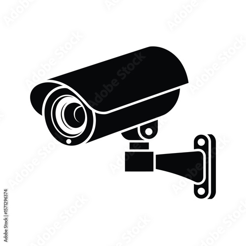 Black silhouette of a modern security surveillance camera mounted on a wall