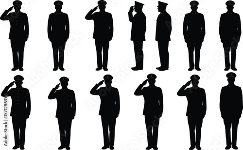 Military officers saluting in uniform silhouette, vector illustration of army personnel, respect, duty, discipline, honor, armed forces graphic design
