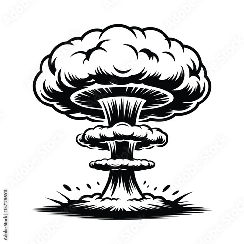 Stylized black and white mushroom cloud explosion illustration