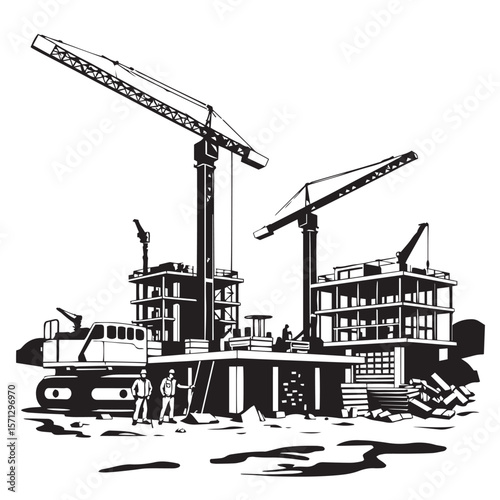 Construction site with workers and cranes vector concept black and white illustration design.