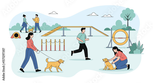 Active people and their dogs enjoying a sunny day at the dog park with agility equipment