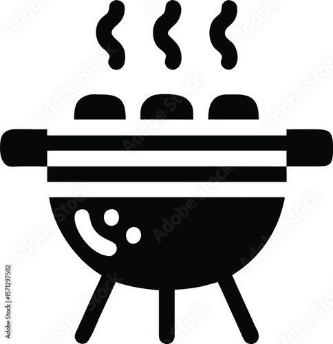 Barbecue grill with food and smoke icon