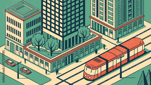 Isometric view of a city with buildings, cars, a tram, and trees in a stylized illustration