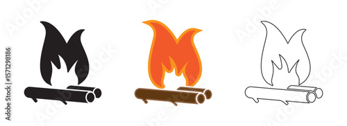 Set of Campfire icons isolated on transparent background. Three variants of fire icons color, linear and monochrome. Simple campfire icons vector illustration.	