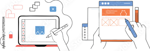Set of Illustrations: UI/UX Design and Wireframing Processes with Digital Tools