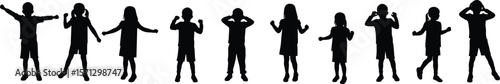 Silhouette of playful children in various active poses, kids having fun, expressing emotions, isolated on white background, energetic child illustration