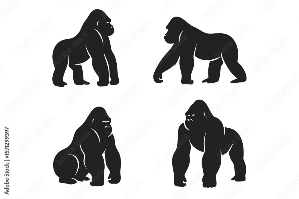 Naklejka premium Gorilla Silhouette Set – Vector Illustrations on White Background