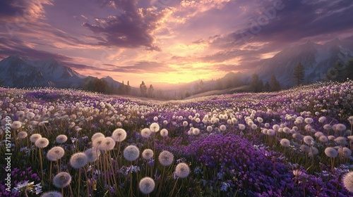 Fantasy Sunrise Landscape with Dandelion Field and Purple Flowers

