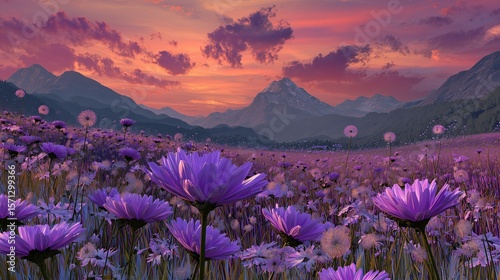 Fantasy Sunrise Landscape with Dandelion Field and Purple Flowers

