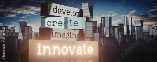 Innovate concept - block shapes and skyscrapers - 3D illustration