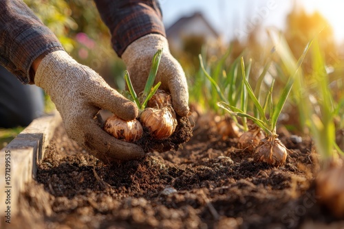 Fototapeta Naklejka Na Ścianę i Meble -  Tulip bulbs planted in a sunny autumn garden Fall gardening backdrop