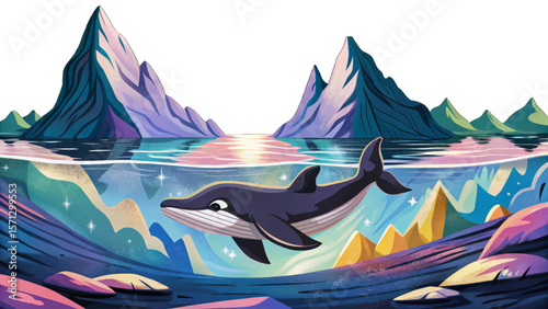 Iceberg landscape, split view ocean scene, underwater whale silhouette, arctic nature vector, cold environment, sea wildlife, global warming concept, marine life, iceberg floating, polar design