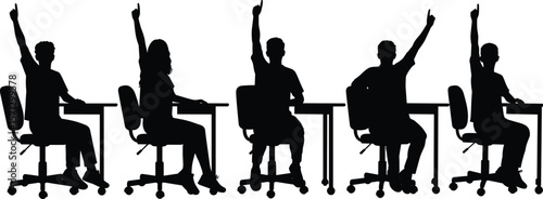 Silhouette of students raising hands in classroom, sitting at desks, education concept illustration, school learning vector, isolated black icons