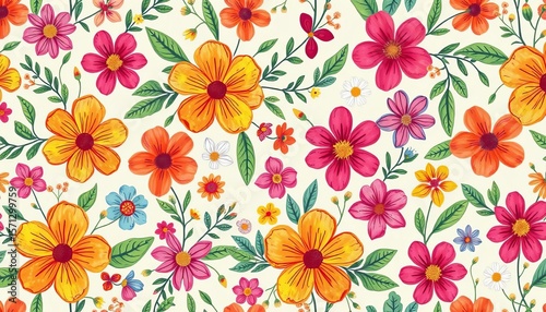 Wallpaper Mural Whimsical hand-drawn floral seamless pattern with colorful flowers and leaves, colorful, fabric Torontodigital.ca