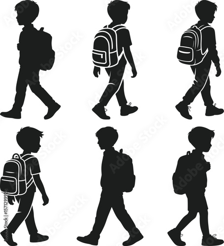 Set of Schoolboy Walking Silhouettes with Backpacks Vector Illustration
