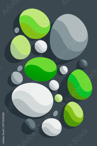 Smooth oval shapes in green white and grey abstract