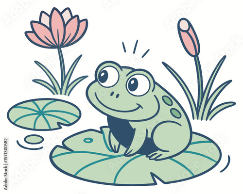 Cute and colorful frog vector illustration, sitting on a lily pad with a playful expression, large round eyes, and smooth green skin