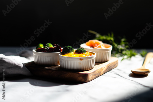 Assorted Mini Casseroles with Vegetables in White Ramekins on Wooden Board