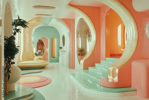 Retro Futuristic Interior with Colorful Organic Shapes and Glossy Surfaces