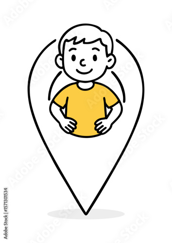 Boy Inside in Yellow Location Marker. Child Location Marker, Navigation, Education Concept, Map Pin. Hand-Drawn Doodle Style Vector Illustration