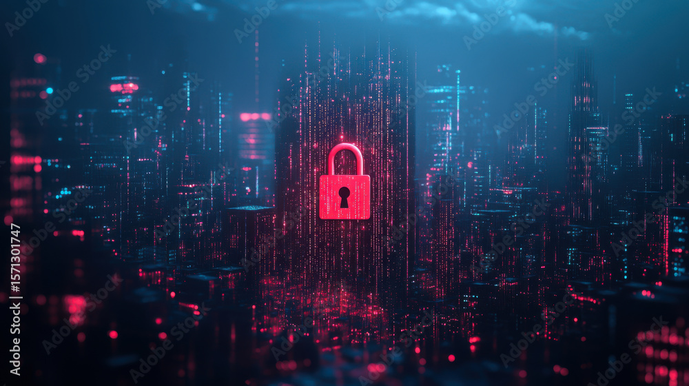 Obraz premium Glowing Padlock hologram, night panoramic city view