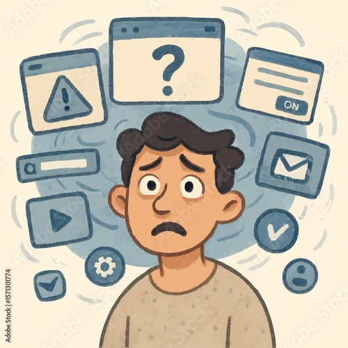 Confused person surrounded by question marks and digital interfaces. Ideal for technology, confusion, and online support themes. High-quality illustration for troubleshooting, user experience, and dig