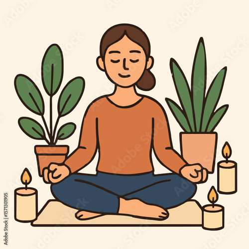 Person meditating with plants and candles on a mat. Perfect for yoga, mindfulness, and wellness themes. High-quality illustration for meditation, relaxation, and natural living content.