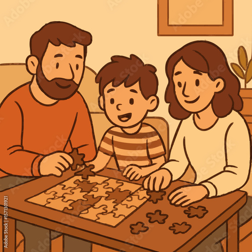 Happy family solving a puzzle together at home, fostering bonding and teamwork. 
