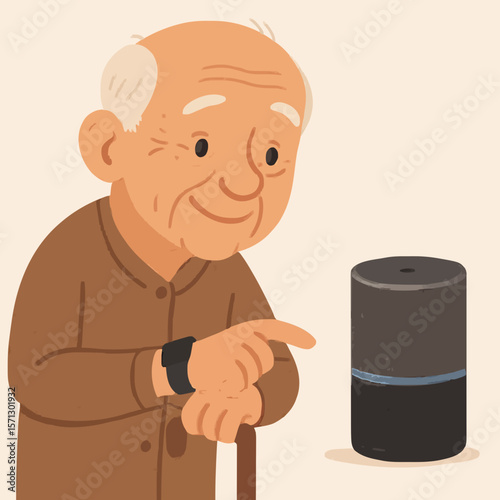 Elderly person using a smart device with a cane and watch. Ideal for senior tech, aging, and modern living themes. High-quality illustration for elderly care, technology adoption, and lifestyle conten