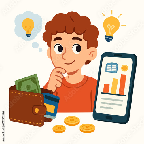 Young person thinking about finances with money, wallet, and phone showing charts. Perfect for budgeting, investment, and financial planning themes. High-quality illustration for business, money manag