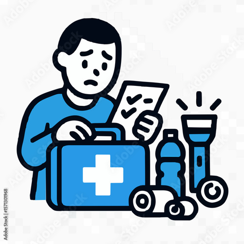 Worried person checking a first aid kit with checklist, flashlight, and supplies. Ideal for emergency, healthcare, and safety themes. High-quality illustration for medical, preparedness, and survival 