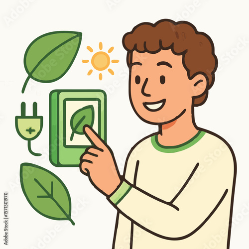 Smiling person using a tablet with green energy icons like leaves, sun, and plug. Perfect for eco-friendly, renewable energy, and technology themes. High-quality illustration for sustainability, green