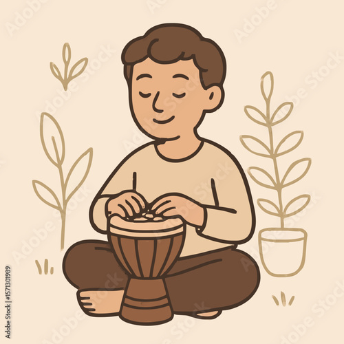 Person playing a drum in a serene setting with plants. Perfect for music, meditation, and cultural themes. High-quality illustration for rhythm, mindfulness, and artistic lifestyle content.