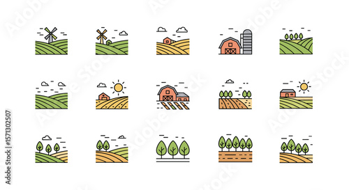 Collection of rural farm landscape icons for agricultural themes and countryside imagery
