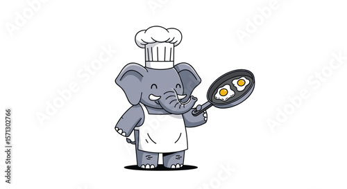 Chef elephant cooking delicious fried eggs with joyful expression and culinary hat