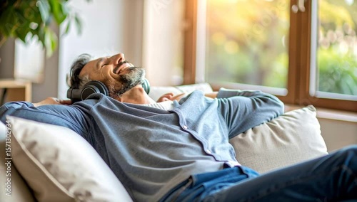 Wallpaper Mural A content man is immersed in the tranquility of music while reclined on his sofa Torontodigital.ca