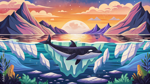 Iceberg landscape, split view ocean scene, underwater whale silhouette, arctic nature vector, cold environment, sea wildlife, global warming concept, marine life, iceberg floating, polar design