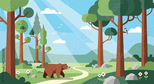 A brown bear walks through a sun dappled forest trail surrounded by trees and flowers